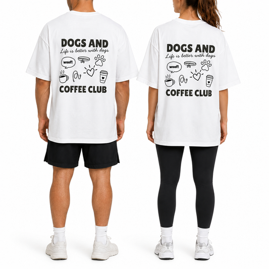Dogs and Coffee Club T-Shirt | Printed Front & Back Graphic Tee | Dog Lover Gift | Sizes XS–2XL