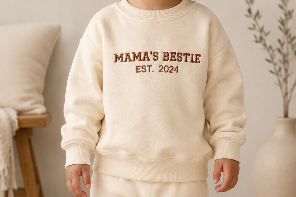 Child wearing a cream sweatshirt and pants with 'MAMA'S BESTIE EST. 2024' text, standing on a wooden floor.