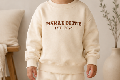 Child wearing a cream sweatshirt and pants with 'MAMA'S BESTIE EST. 2024' text, standing on a wooden floor.