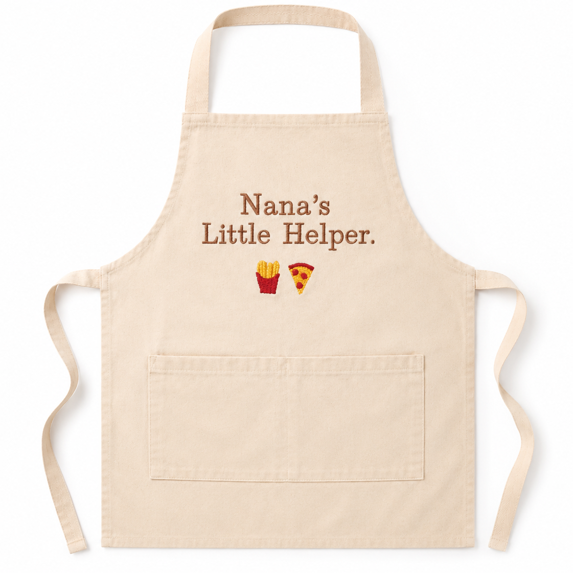 Beige apron with 'Nana's Little Helper' text and food icons on a white background