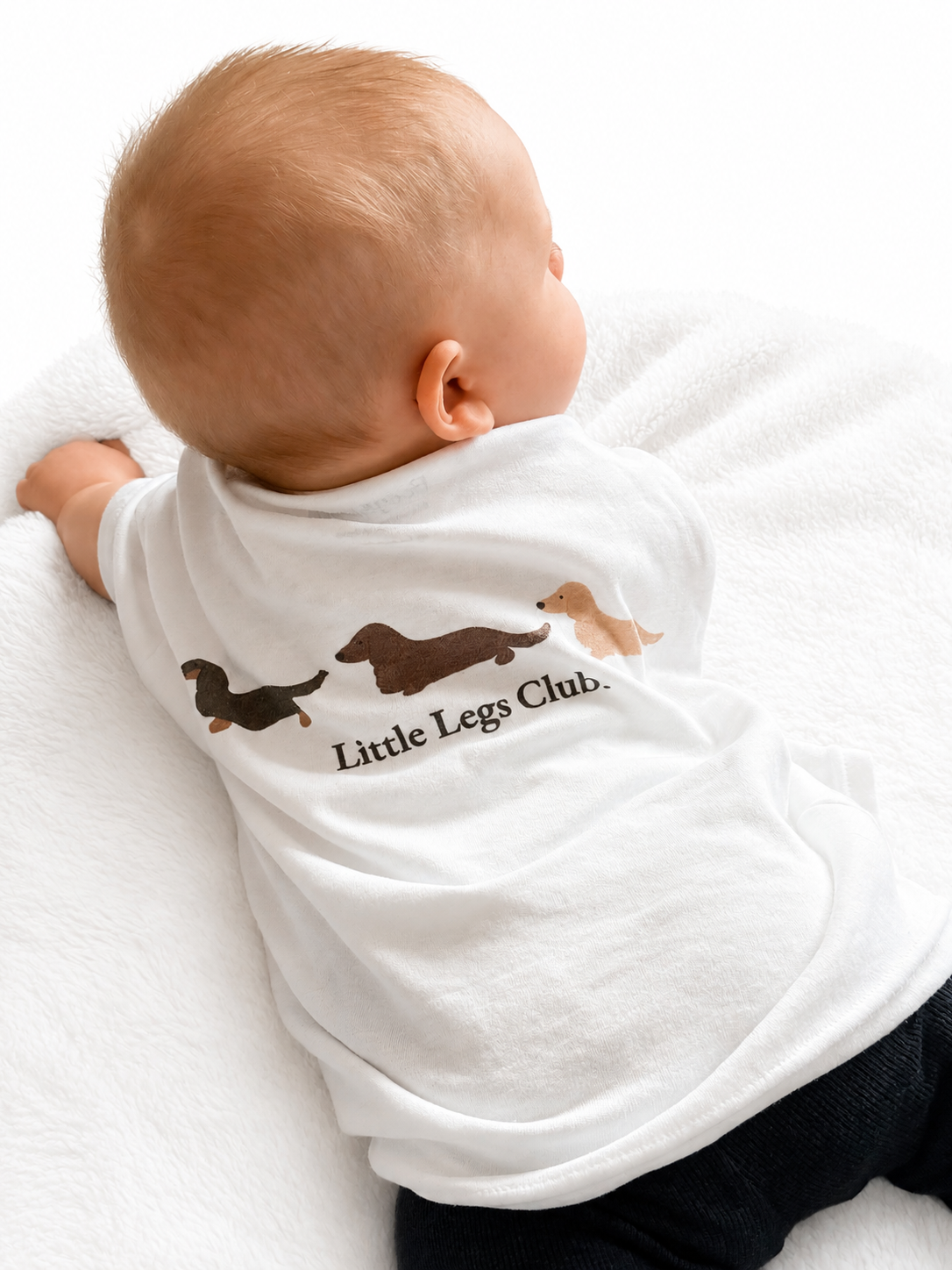 Little Legs Club Kids T-Shirt | Dachshund Back Print | Boog & Bear Logo | White | Ages 1–9 | Dog Lover Gift