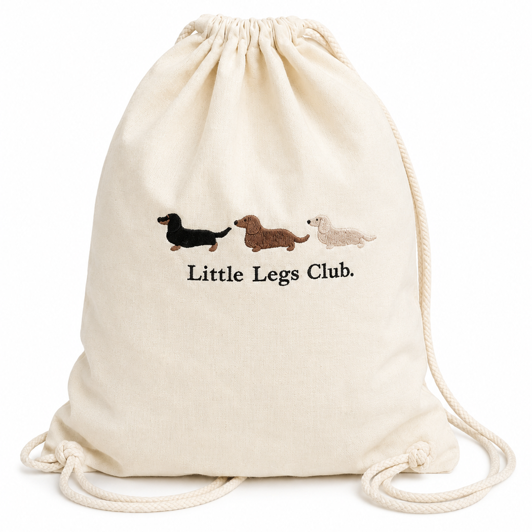 Little Legs Club Embroidered Drawstring Bag | 100% Cotton | Dachshund Design | Dog Lover Gift