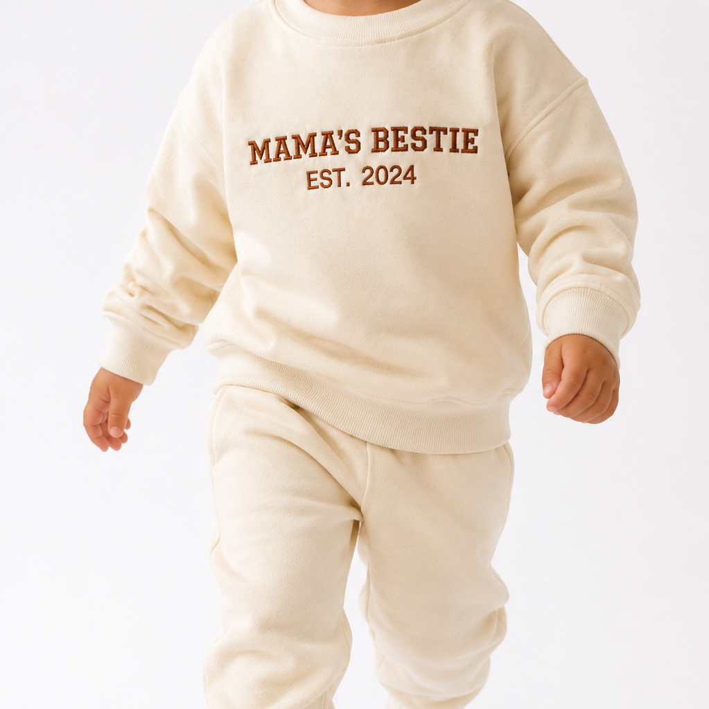 Child wearing a cream sweatshirt and pants with 'MAMA'S BESTIE EST. 2024' text on a white background