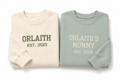 Personalised Mama and Me Matching Varsity Mini Sweaters | Embroidered Family Set | Matching Outfits for Mum and Child