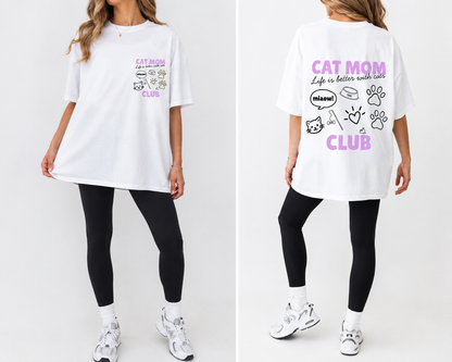 Cat Mom Club T-Shirt | Printed Front & Back Graphic Tee | Cat Lover Gift | Sizes XS–2XL