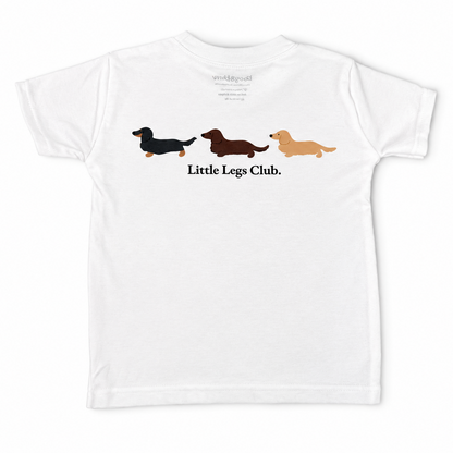 Little Legs Club Kids T-Shirt | Dachshund Back Print | Boog & Bear Logo | White | Ages 1–9 | Dog Lover Gift