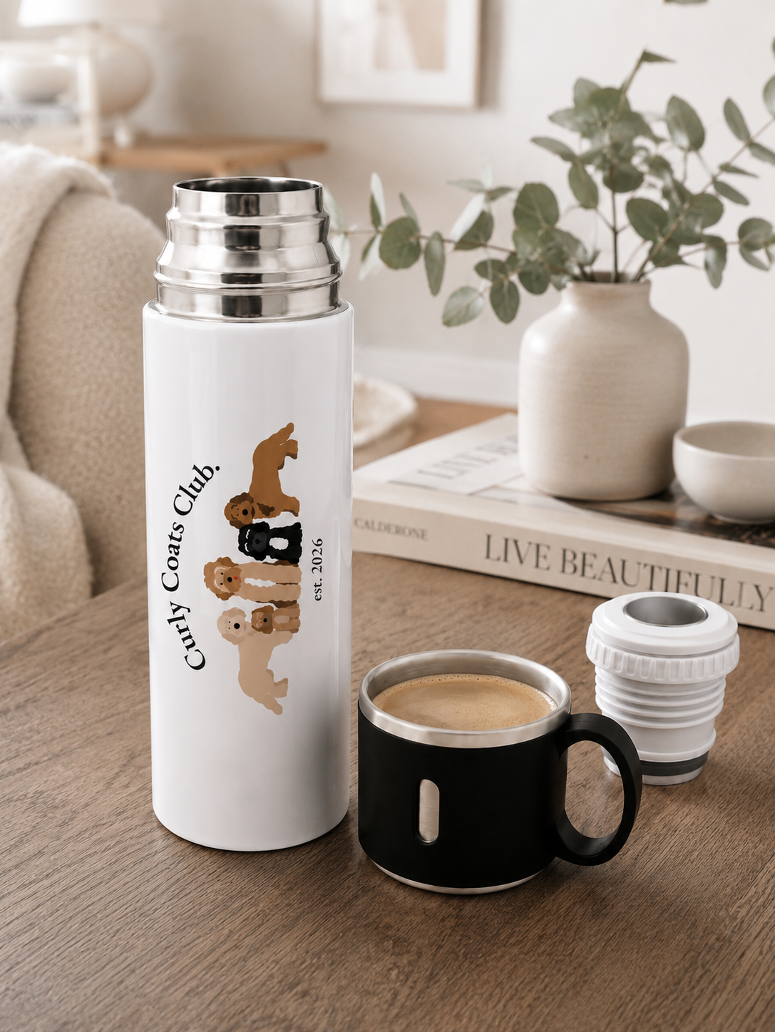 Curly Coats Club Stainless Steel Flask with Cup Lid/Travel Water Bottle