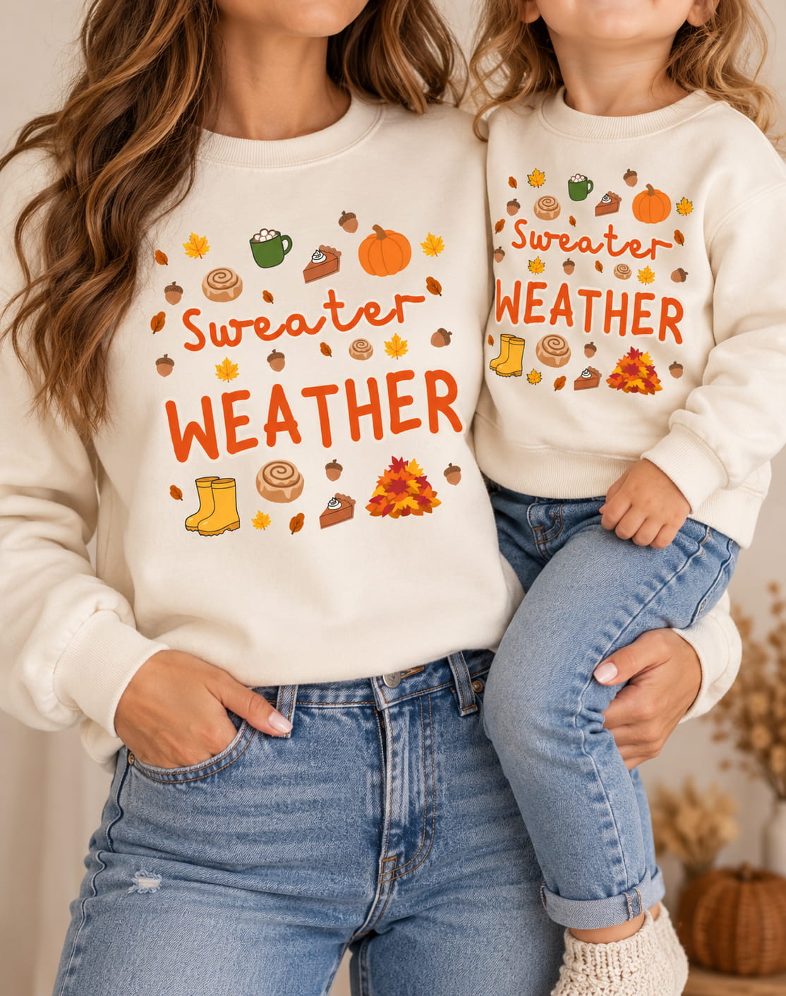Mum holding her daughter in matching Sweater Weather autumn sweatshirts