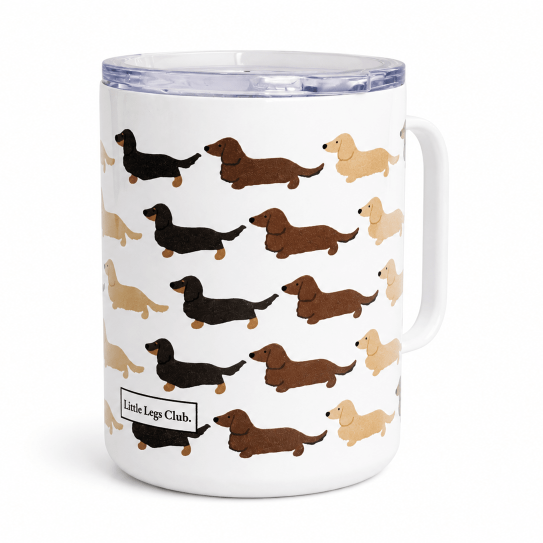 Little Legs Club 12oz Camping Mug with Lid | Hot & Cold Drinks | Dachshund Design | Dog Lover Gift | Individually Boxed - Boog and Bear