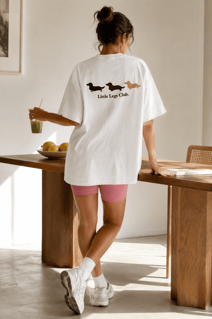 Little Legs Club Adult T-Shirt | Dachshund Back Print | White | Sizes XS–2XL | Dog Lover Gift - Boog and Bear