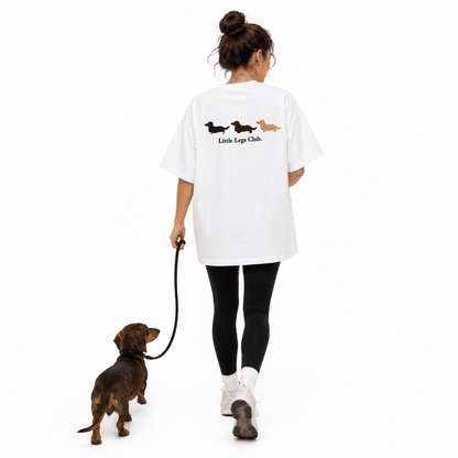 Little Legs Club Adult T-Shirt | Dachshund Back Print | White | Sizes XS–2XL | Dog Lover Gift - Boog and Bear