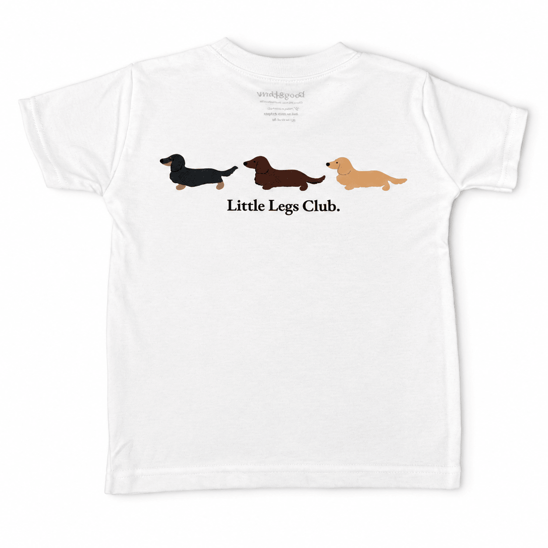 Little Legs Club Kids T-Shirt | Dachshund Back Print | Boog & Bear Logo | White | Ages 1–9 | Dog Lover Gift - Boog and Bear