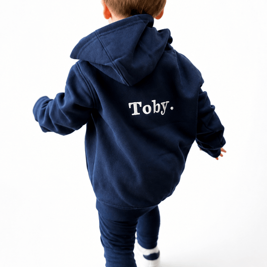 Personalised Children's Hoodie | Embroidered Front & Back | Kids Hooded Sweatshirt | Pale Pink, Navy or Khaki | Ages 1–13 - Boog and Bear